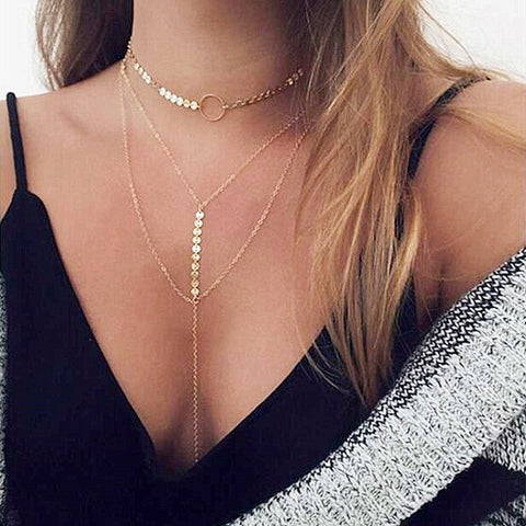 Gold Silver Long Tassel Star Choker Necklace