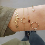 Gold Chain Moon Leaf Crystal Geometry Open Bracelet Set