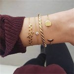 Gold Chain Moon Leaf Crystal Geometry Open Bracelet Set