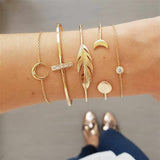 Gold Chain Moon Leaf Crystal Geometry Open Bracelet Set