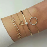 Fashion Crystal Triangle Circle Leaf Chain Gold Bracelet Set